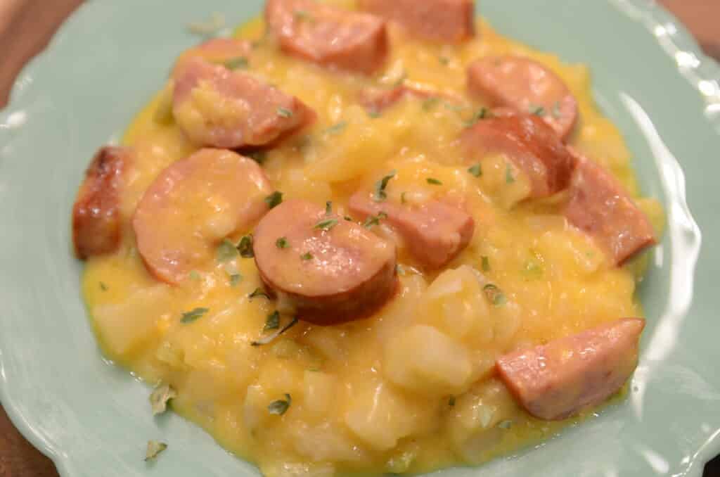Crockpot Kielbasa Cheesy Potatoes - Sparkles to Sprinkles