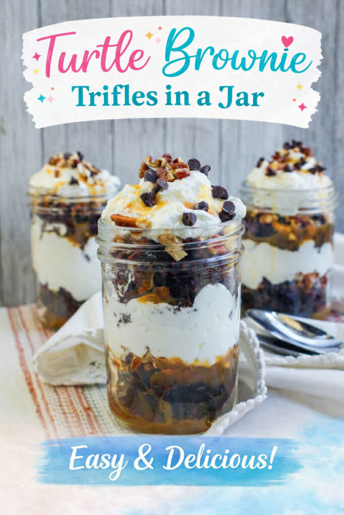 turtle brownie trifles in a jar pin