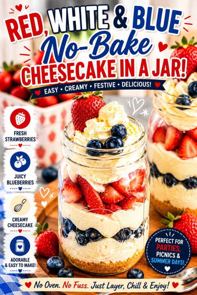 red white & blue no bake cheesecake in a jar pin new